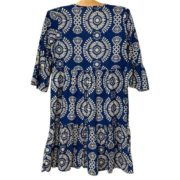 Saiph Lab | Dress Tiered Bell Sleeve Santorini Mini White Blue- Small - Picture 9 of 9